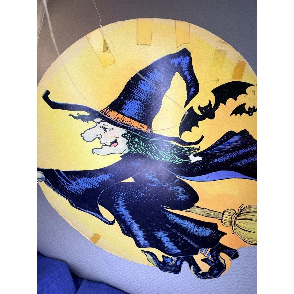 Vintage Eureka Halloween Witch on Broomstick & Bats Die-Cut Decor Cardboard Sign